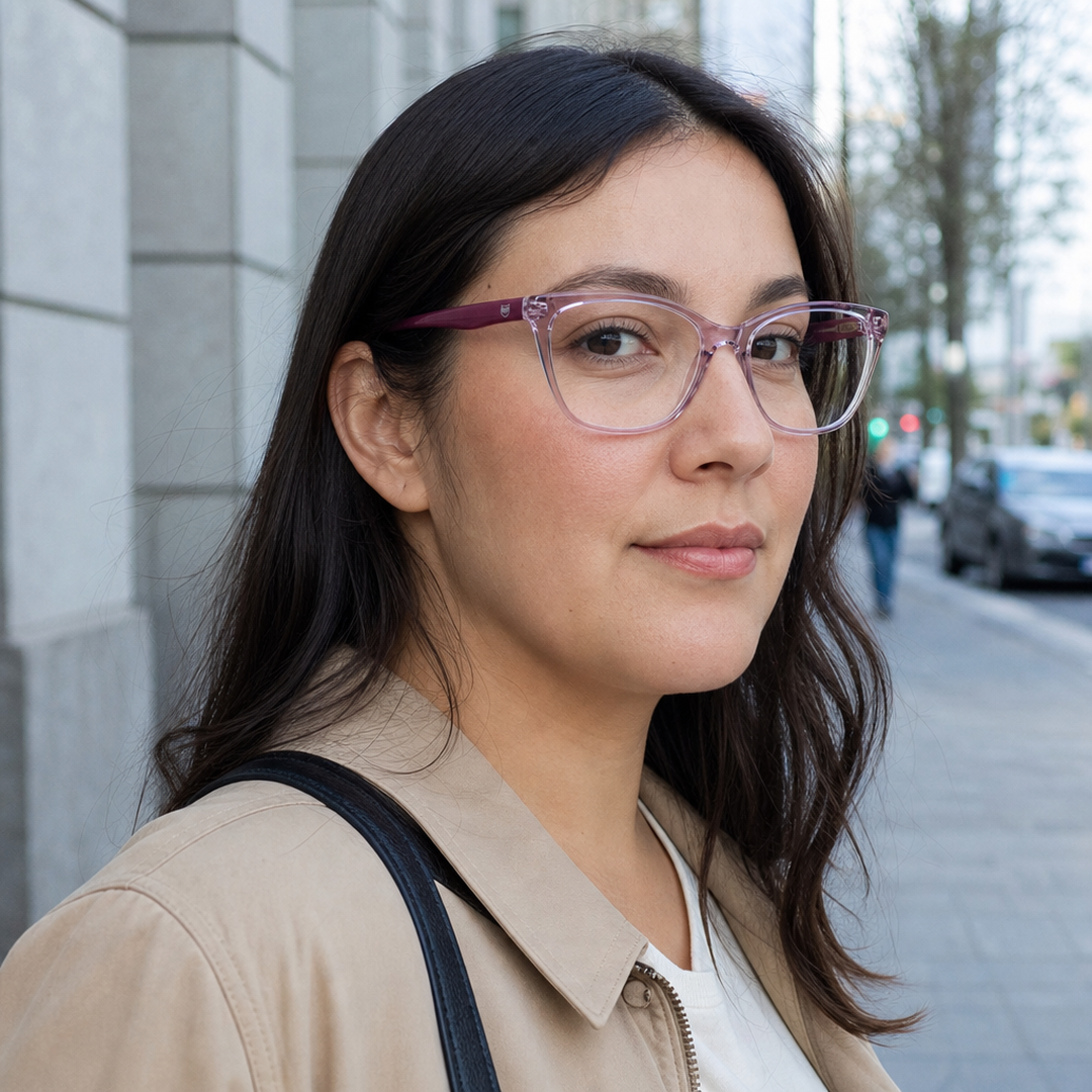 Mujer usando marco óptico Licanray Rosa con filtro azul - Buhu Eyewear