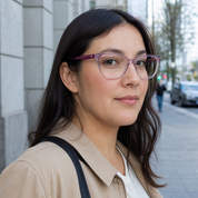 Mujer usando marco óptico Licanray Rosa con filtro azul - Buhu Eyewear