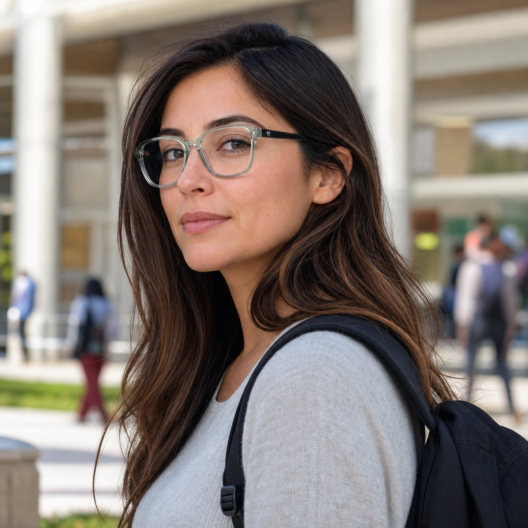 Mujer usando marco óptico Patagonia Verde con filtro azul - Buhu Eyewear