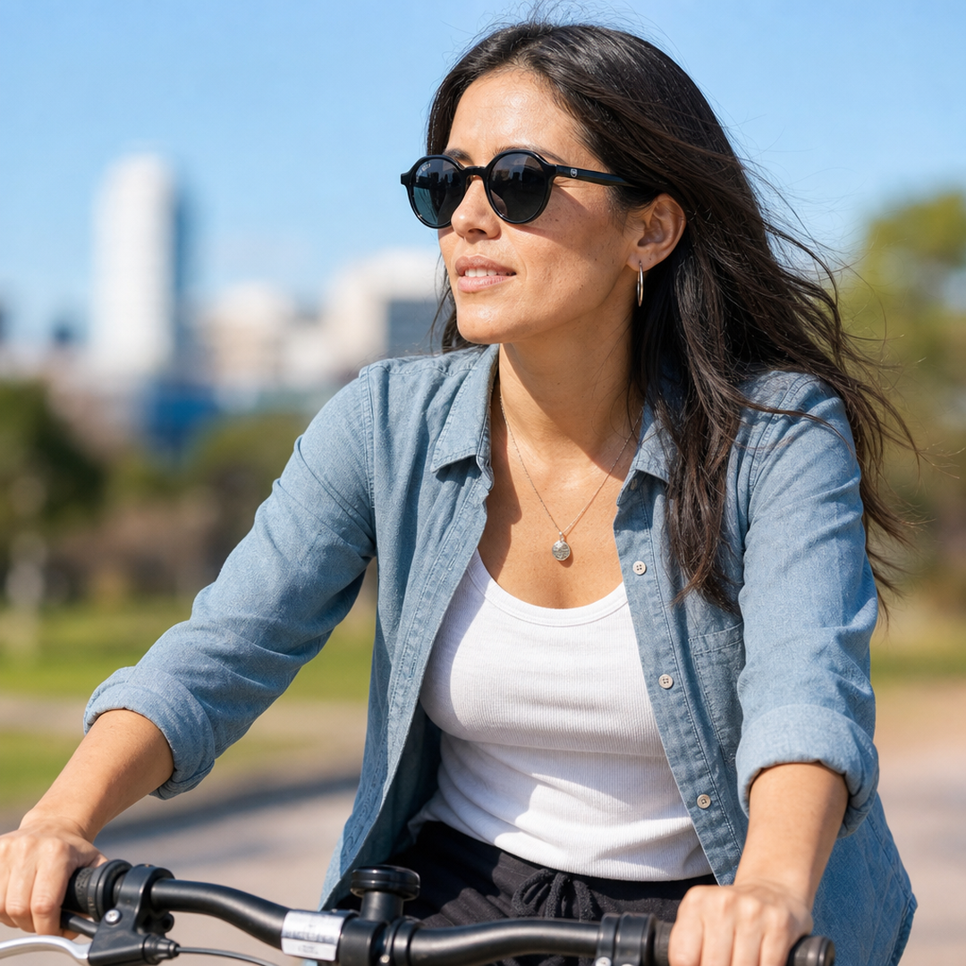 Mujer usando lentes de sol Paris Negro con protección UV400 - Buhu Eyewear