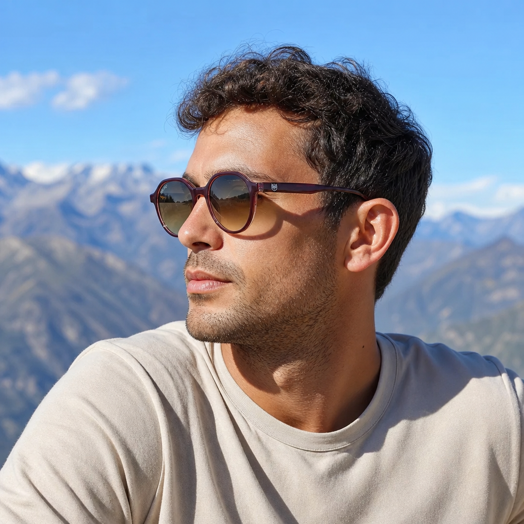 Hombre usando lentes de sol Paris Marrón con protección UV400 - Buhu Eyewear