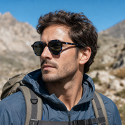 Hombre usando lentes de sol Paris Carey Azul con protección UV400 - Buhu Eyewear