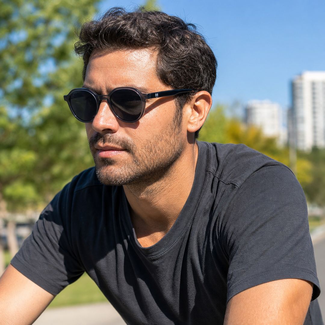 Hombre usando lentes de sol Paris Gris con protección UV400 - Buhu Eyewear