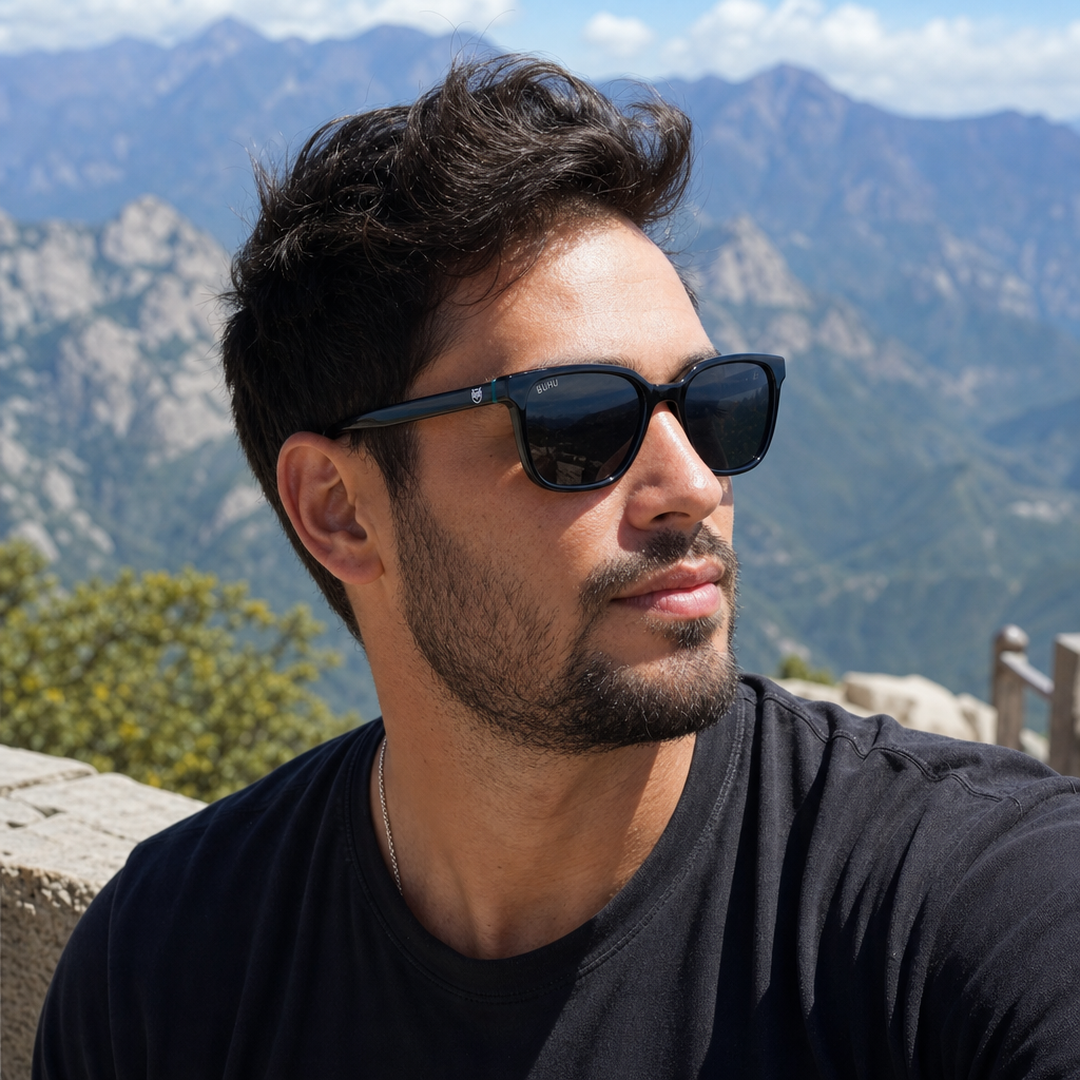 Hombre usando lentes de sol Miami Negro con protección UV400 - Buhu Eyewear