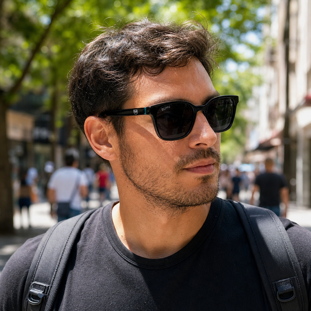 Hombre usando lentes de sol Miami Negro con protección UV400 - Buhu Eyewear
