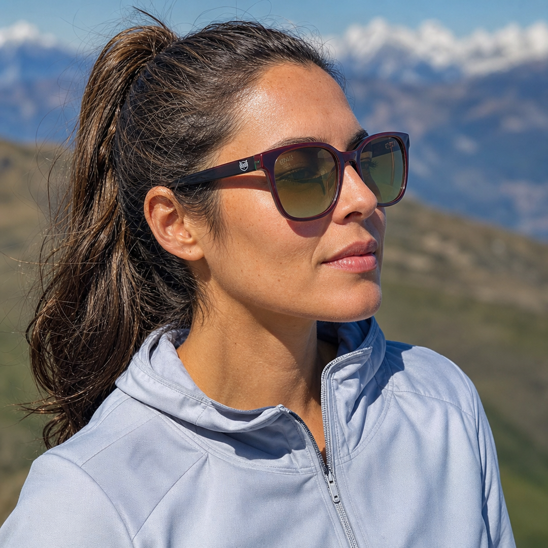 Mujer usando lentes de sol Miami Marrón con protección UV400 - Buhu Eyewear