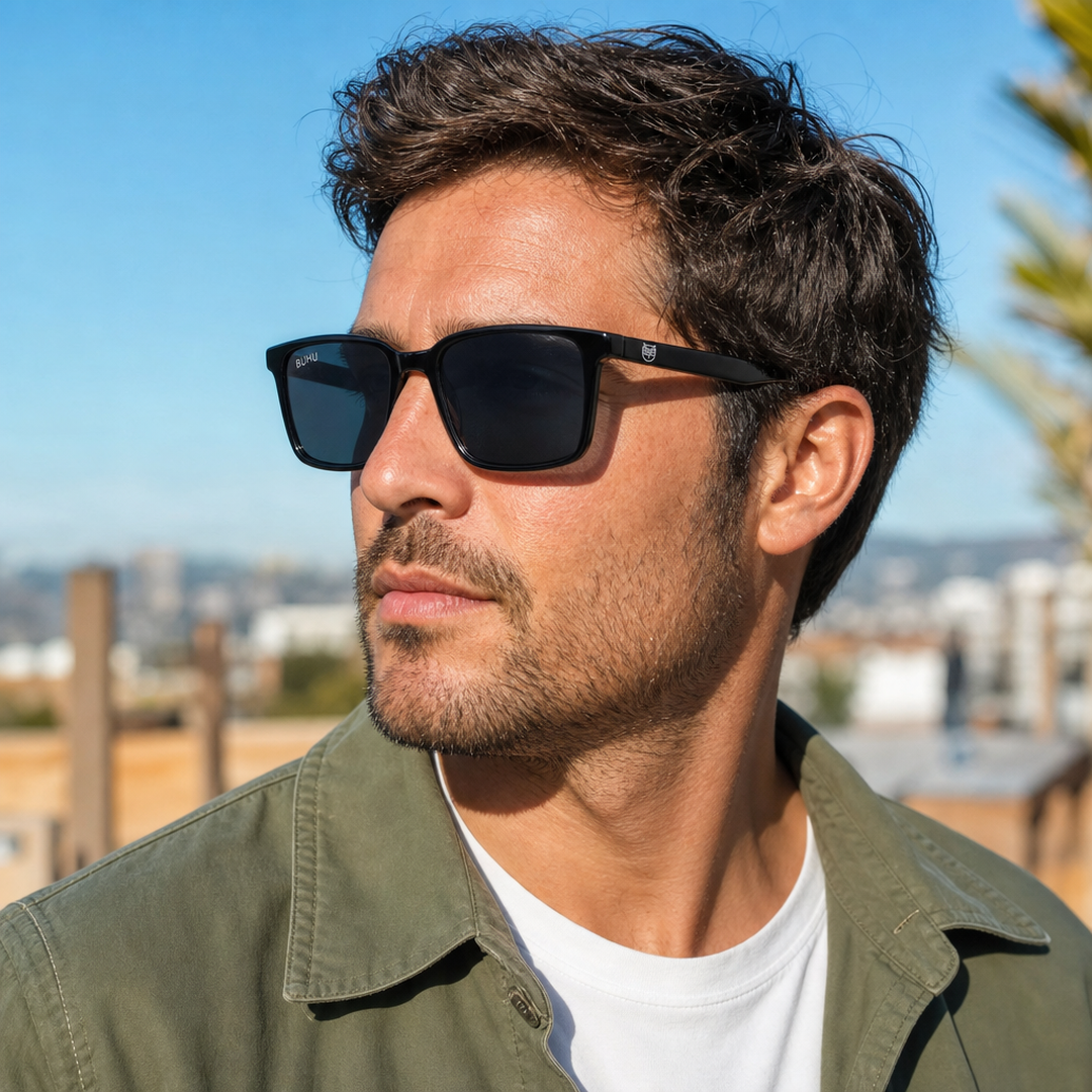 Hombre usando lentes de sol Seul Negro con protección UV400 - Buhu Eyewear