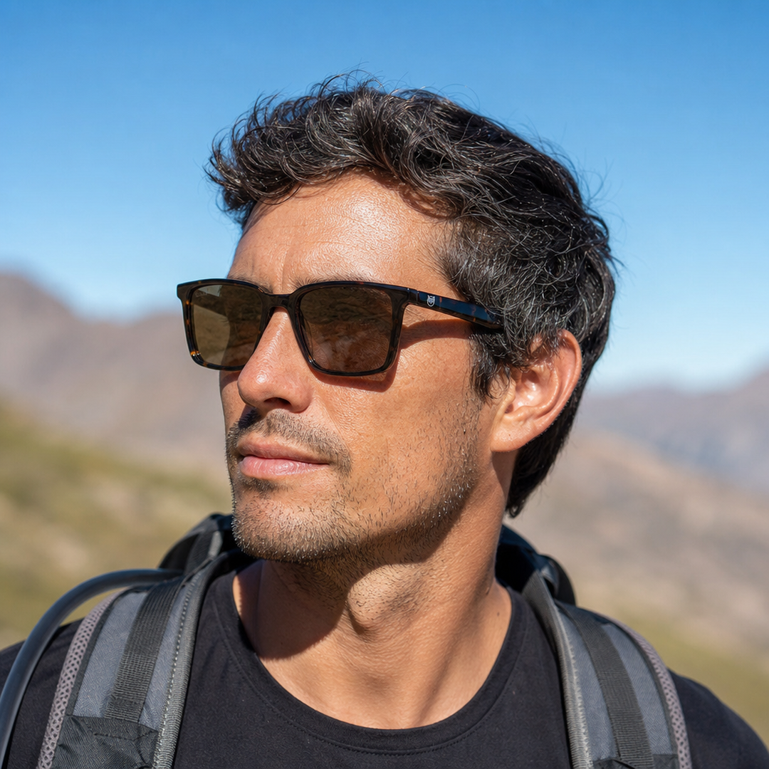 Hombre usando lentes de sol Seul Carey con protección UV400 - Buhu Eyewear