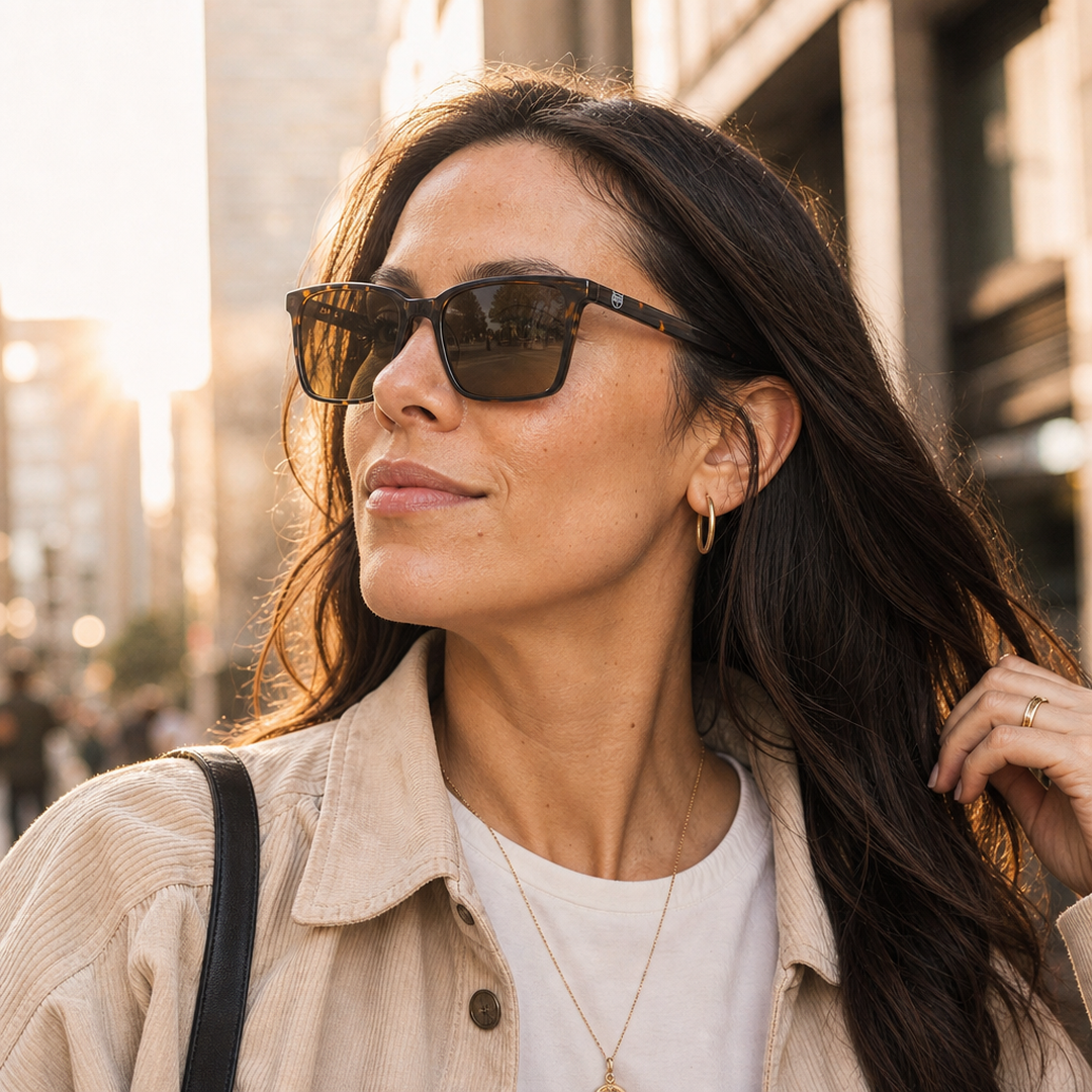 Mujer usando lentes de sol Seul Carey con protección UV400 - Buhu Eyewear