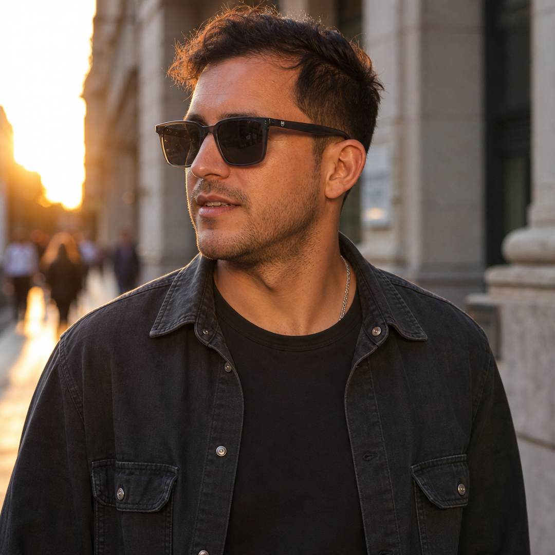 Hombre usando lentes de sol Seul Gris con protección UV400 - Buhu Eyewear
