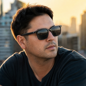 Hombre usando lentes de sol Seul Gris con protección UV400 - Buhu Eyewear
