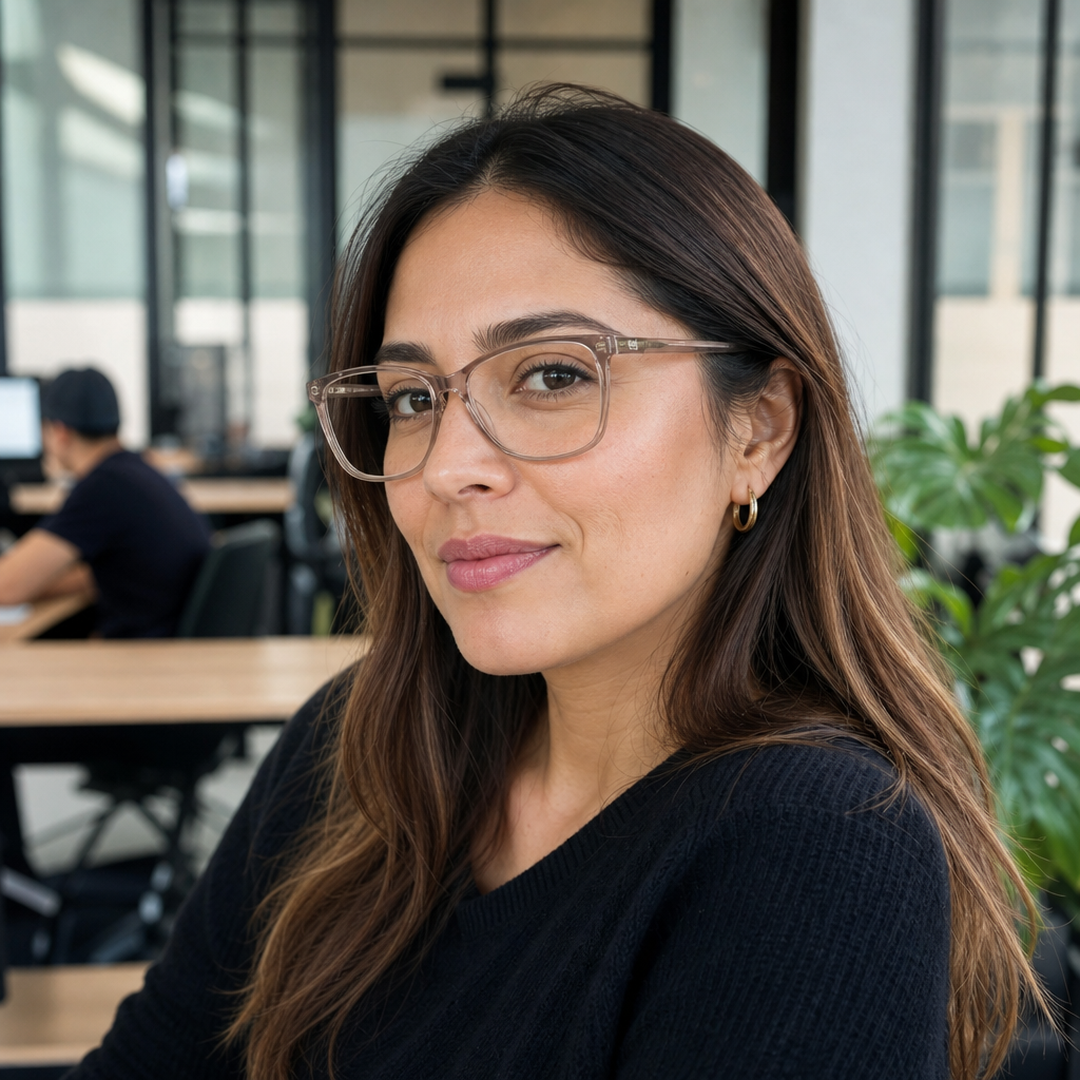Mujer usando marco óptico Cochamo Marrón con filtro azul - Buhu Eyewear