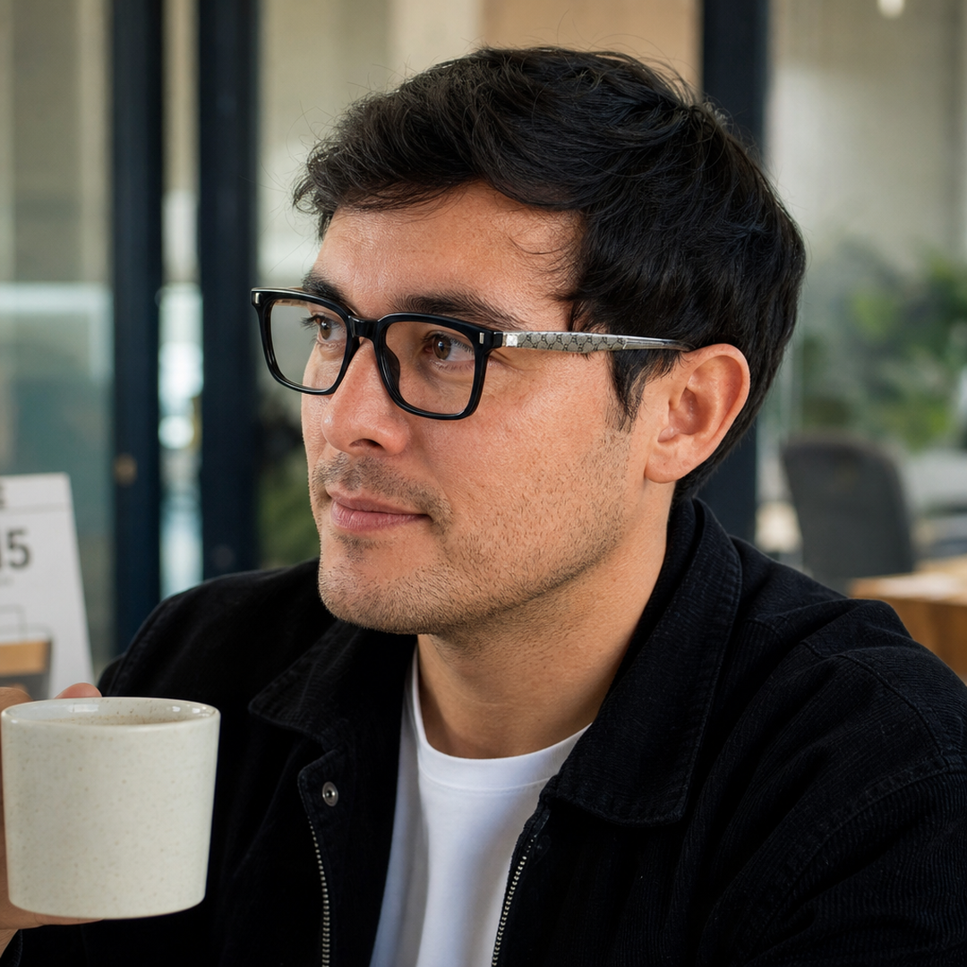 Hombre usando marco óptico Kern Negro con filtro azul - Buhu Eyewear