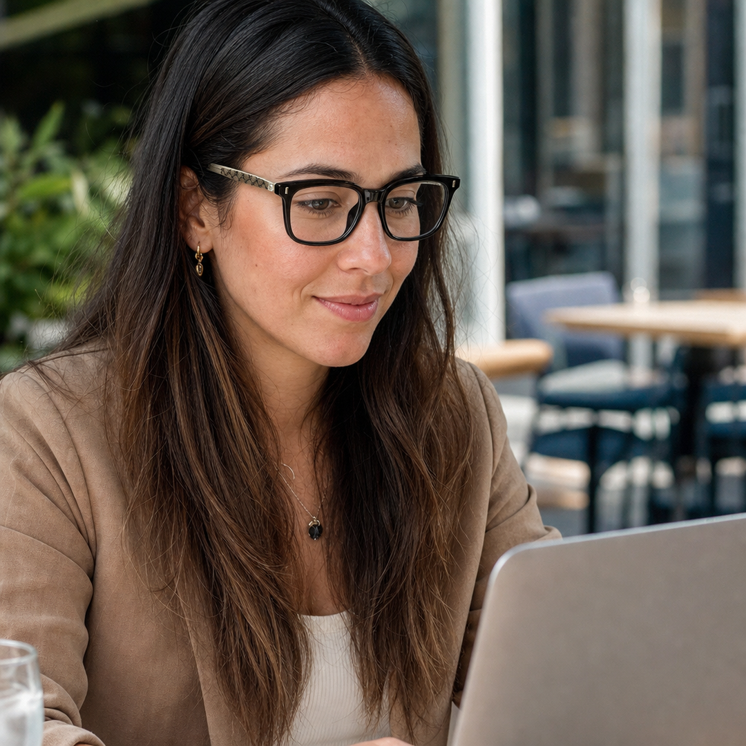 Mujer usando marco óptico Kern Negro con filtro azul - Buhu Eyewear