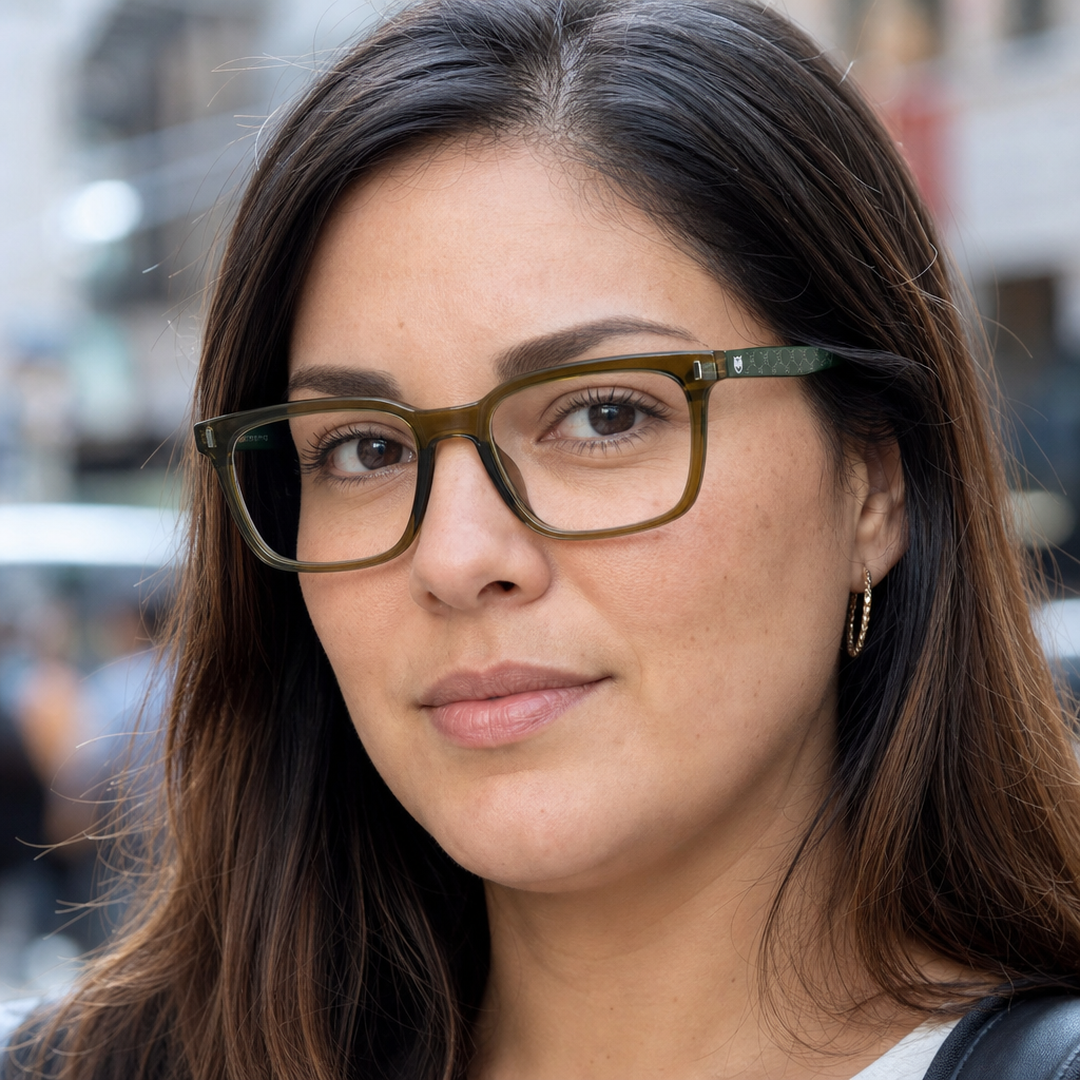 Mujer usando marco óptico Kern Verde con filtro azul - Buhu Eyewear