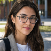 Mujer usando marco óptico Eon Azul con filtro azul - Buhu Eyewear