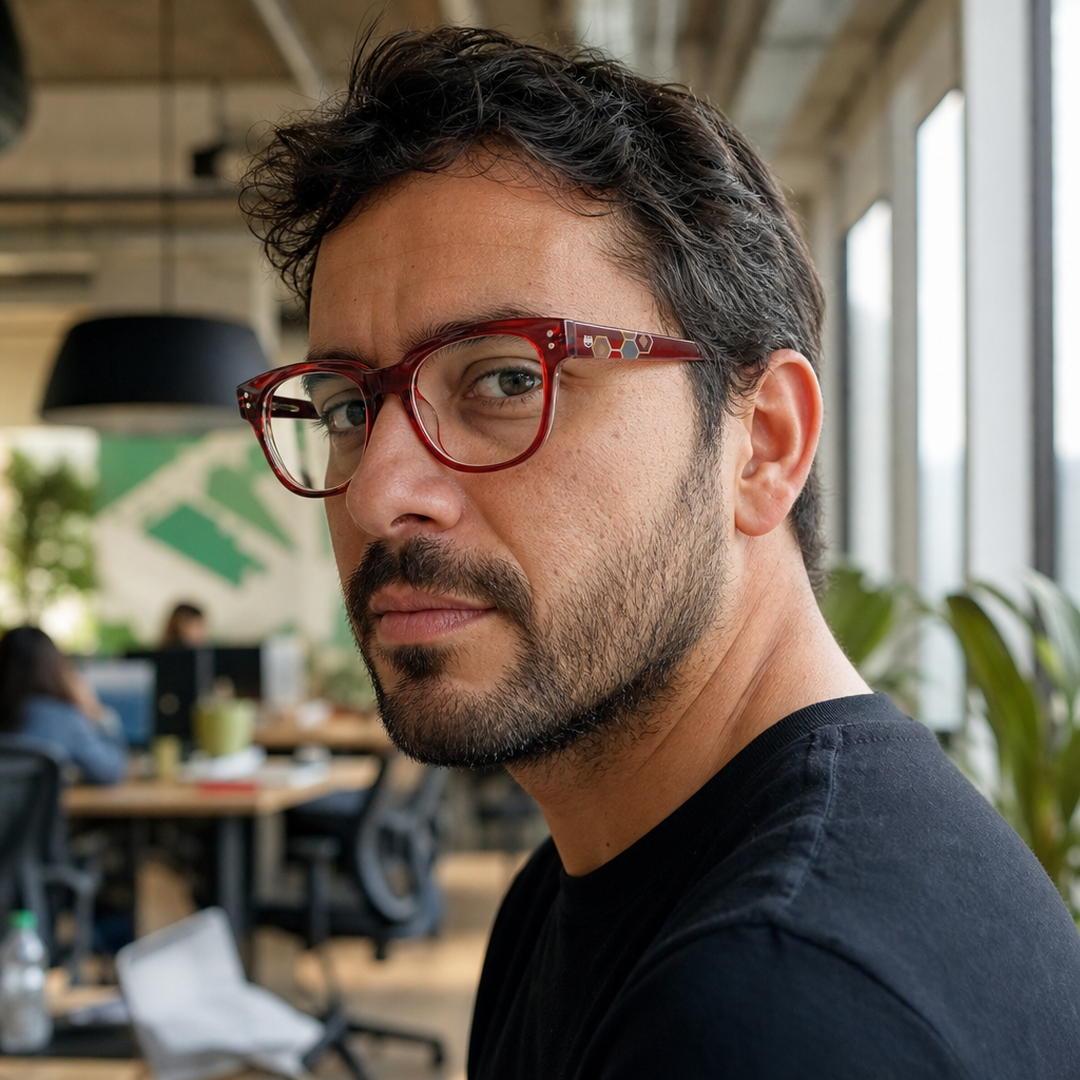 Hombre usando marco óptico Oko Rojo con filtro azul - Buhu Eyewear