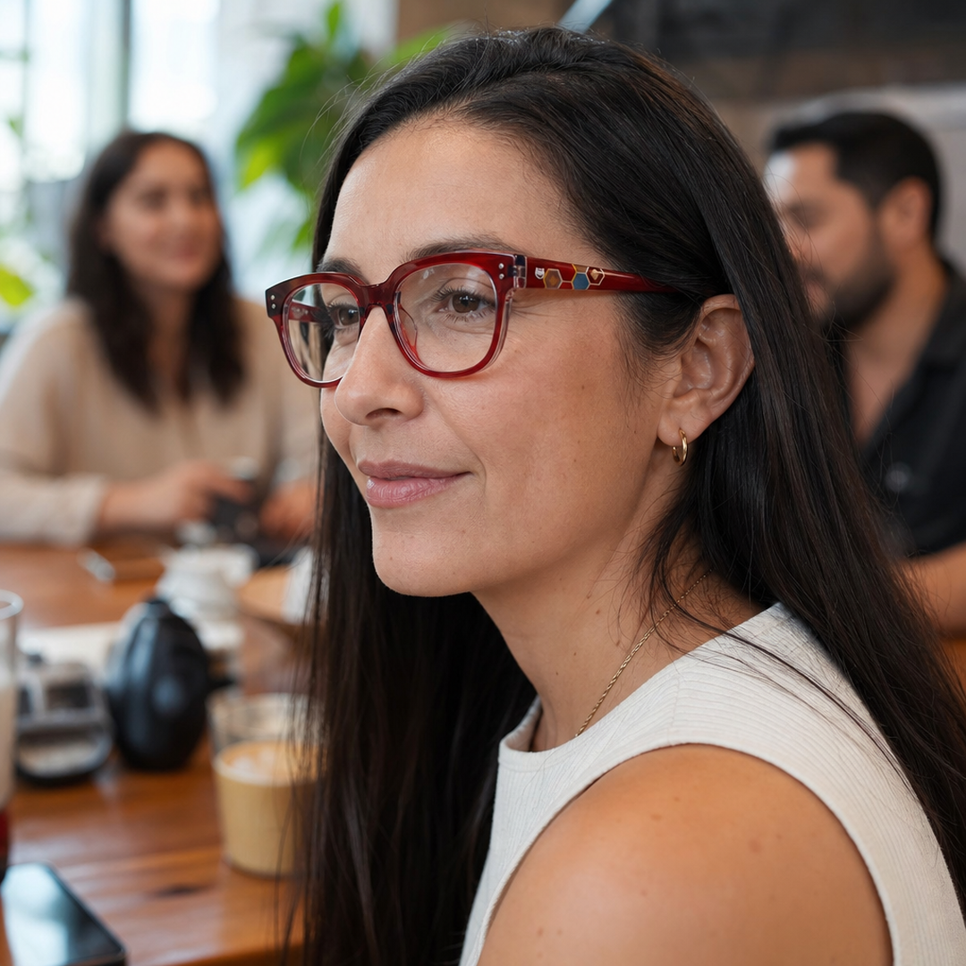 Mujer usando marco óptico Oko Rojo con filtro azul - Buhu Eyewear