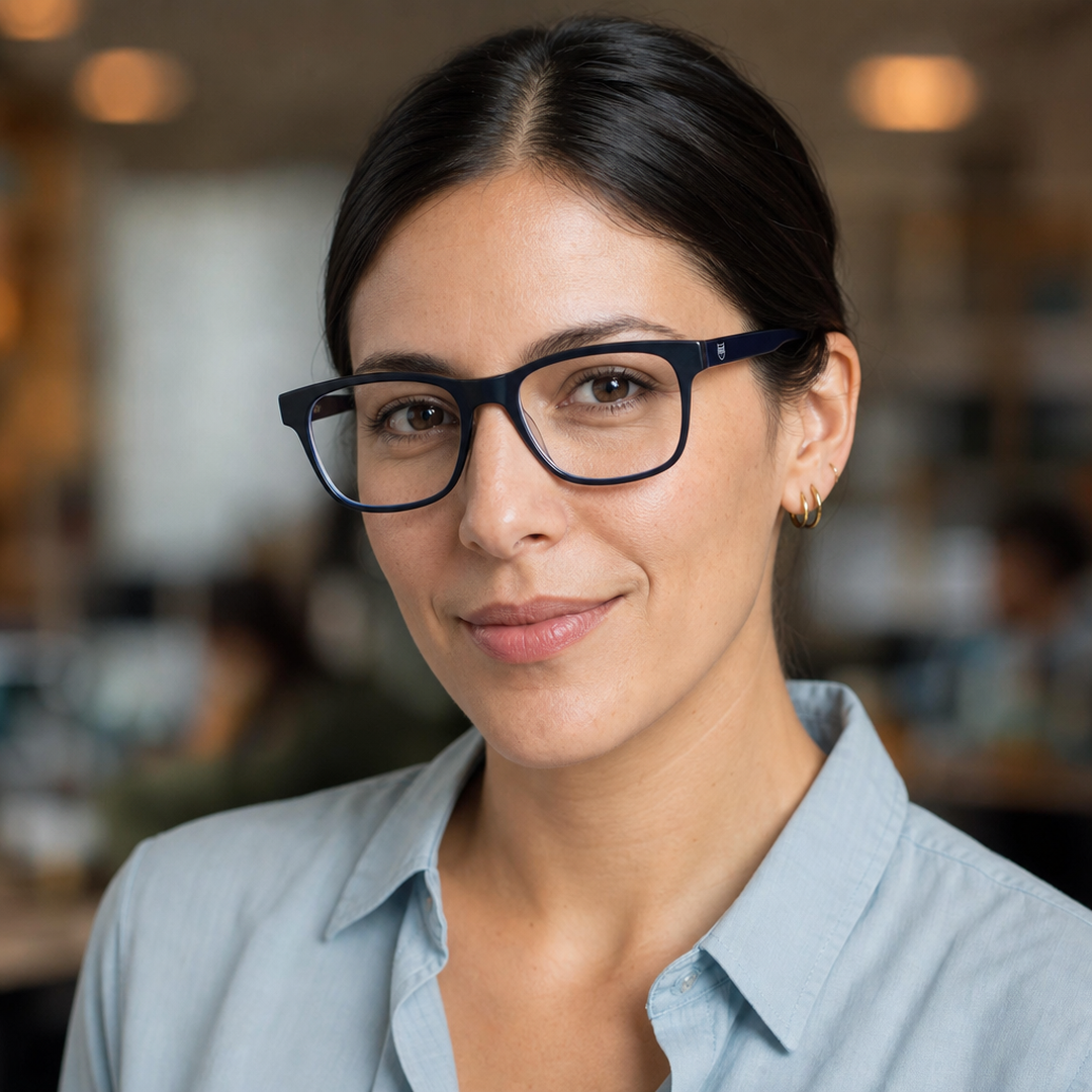 Mujer usando marco óptico San Pedro Negro/Azul con filtro azul - Buhu Eyewear