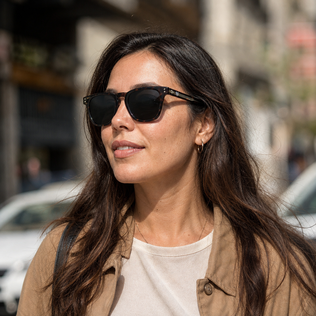 Mujer usando marco óptico Valdivia Clip Carey con filtro azul - Buhu Eyewear
