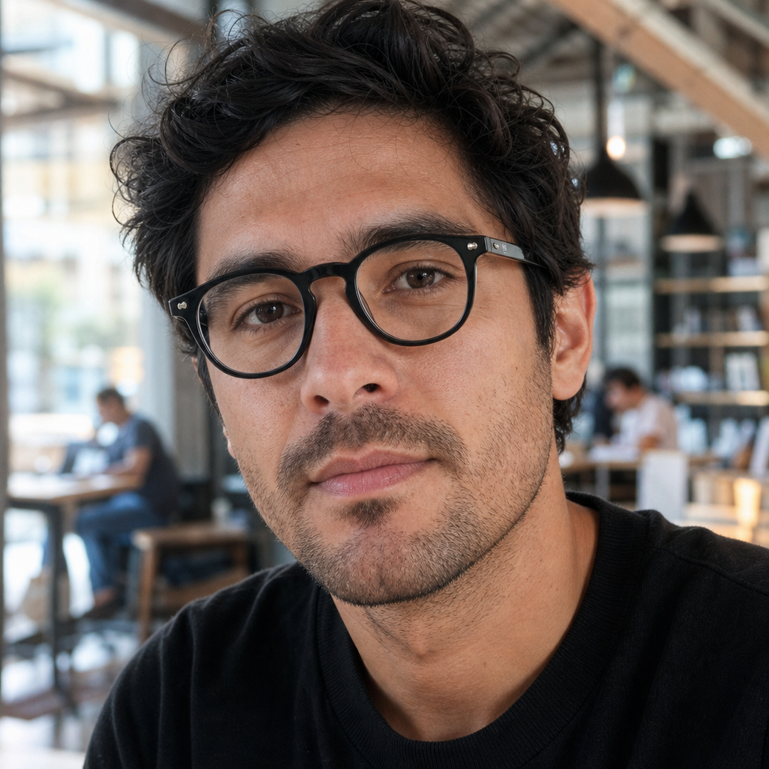 Hombre usando marco óptico Chiloe Clip Negro con filtro azul - Buhu Eyewear