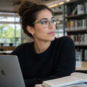 Mujer usando marco óptico Vist Azul con filtro azul - Buhu Eyewear