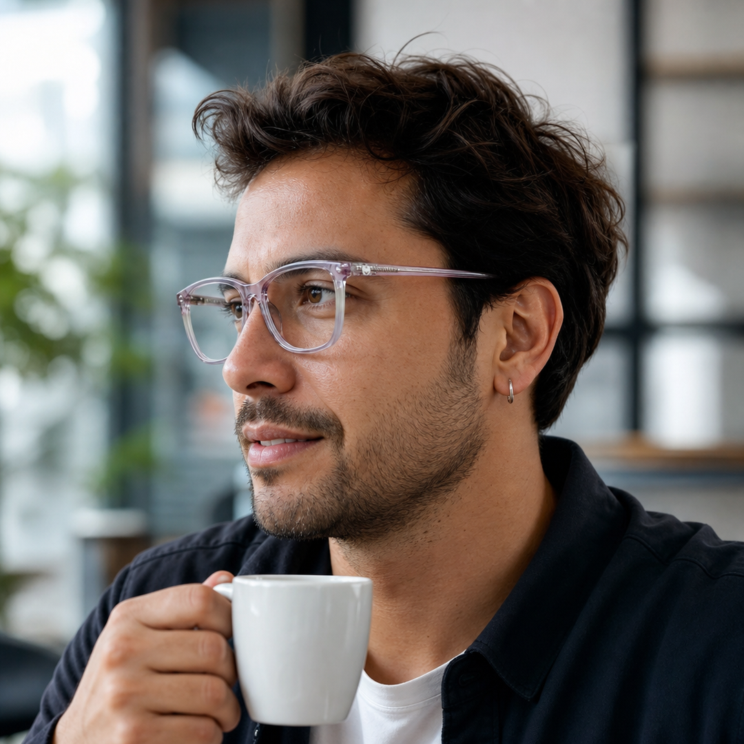 Hombre usando marco óptico Vist Rosa con filtro azul - Buhu Eyewear