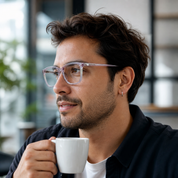 Hombre usando marco óptico Vist Rosa con filtro azul - Buhu Eyewear