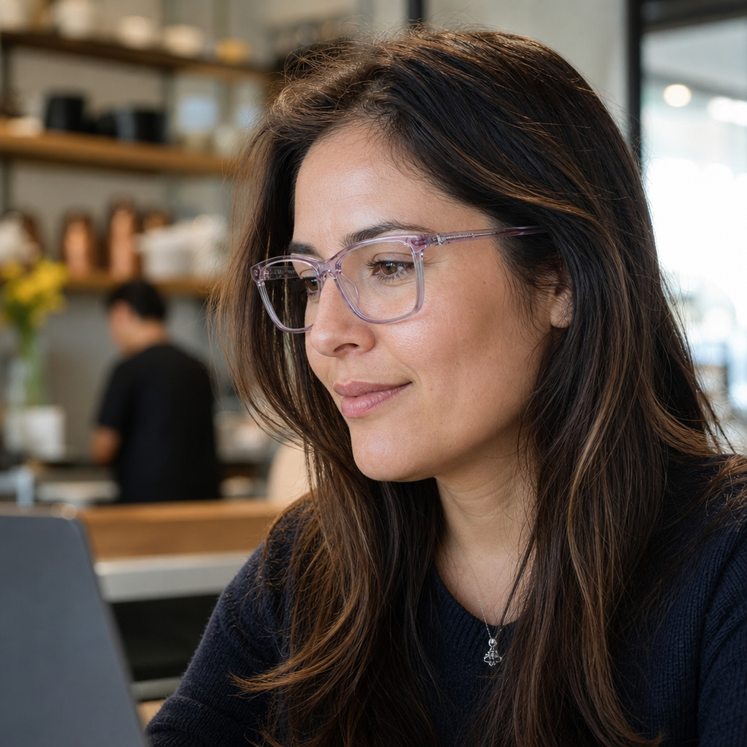 Mujer usando marco óptico Vist Rosa con filtro azul - Buhu Eyewear