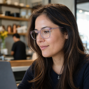Mujer usando marco óptico Vist Rosa con filtro azul - Buhu Eyewear