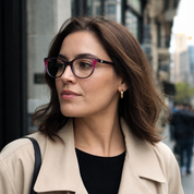 Mujer usando marco óptico Atlas Azul con filtro azul - Buhu Eyewear