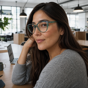 Mujer usando marco óptico Zenit Verde con filtro azul - Buhu Eyewear