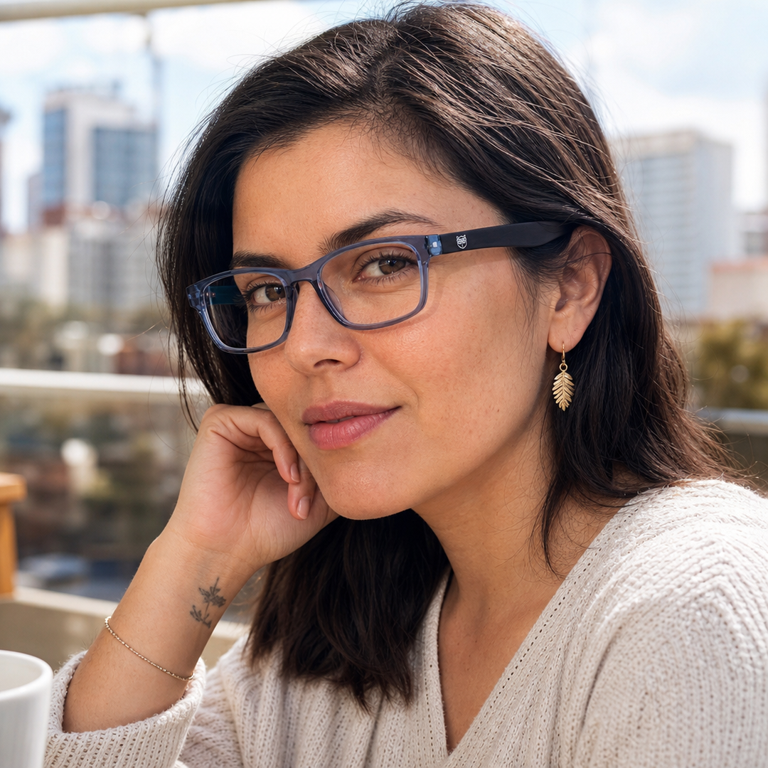 Mujer usando lentes de lectura Villarrica Azul con filtro azul - Buhu Eyewear