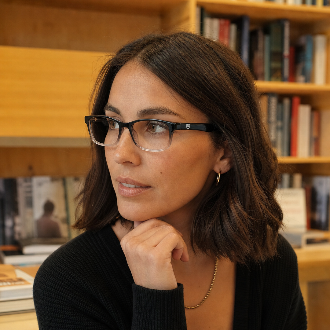 Mujer usando lentes de lectura Villarrica Negro con filtro azul - Buhu Eyewear