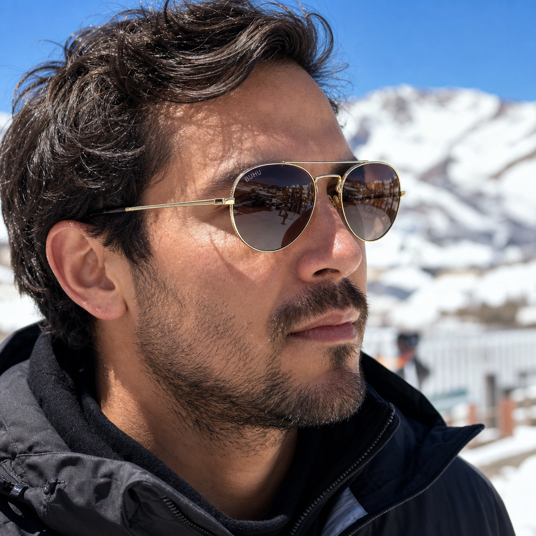 Hombre usando lentes de sol Praga Dorado/Carey con protección UV400 - Buhu Eyewear