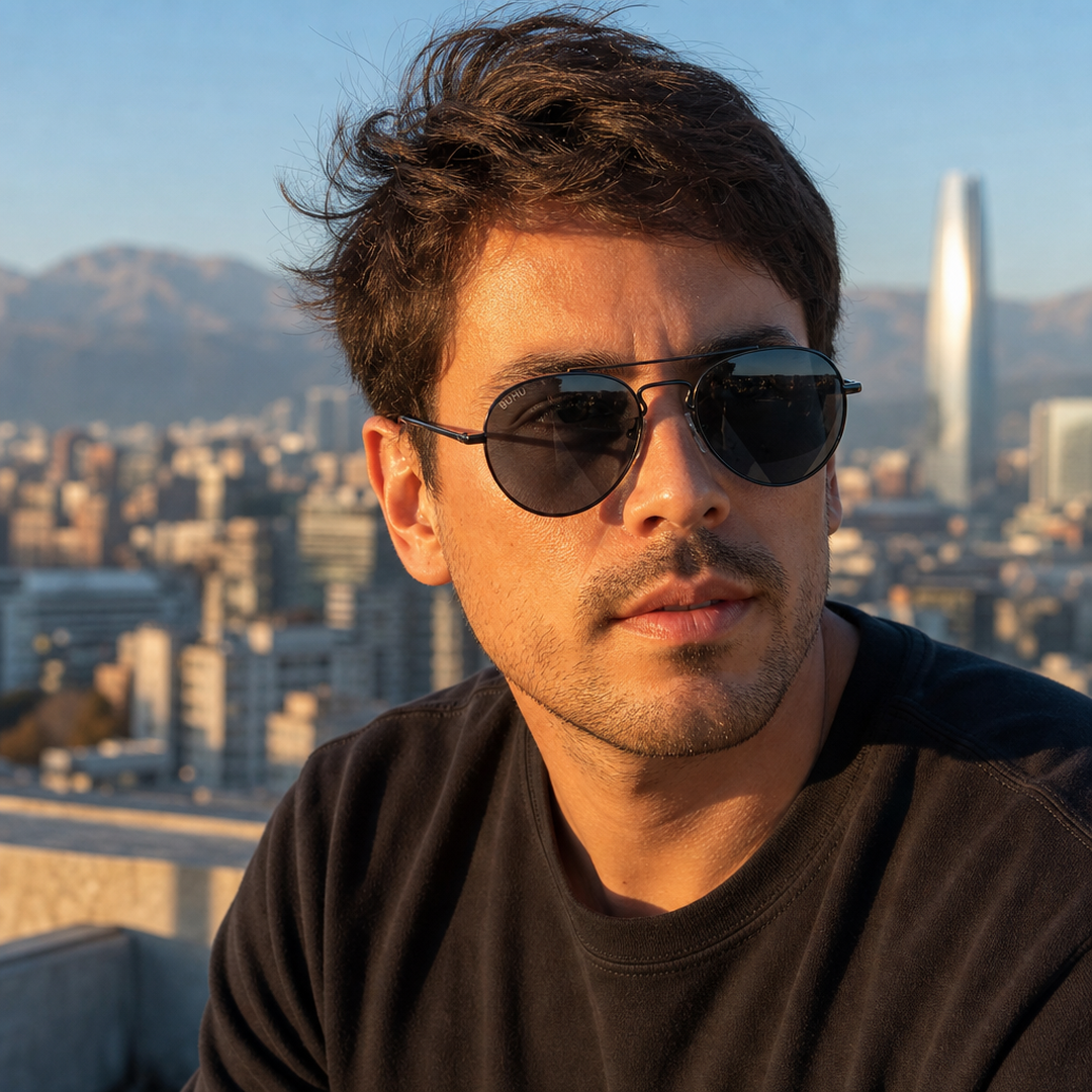 Hombre usando lentes de sol Praga Negro/Gris con protección UV400 - Buhu Eyewear