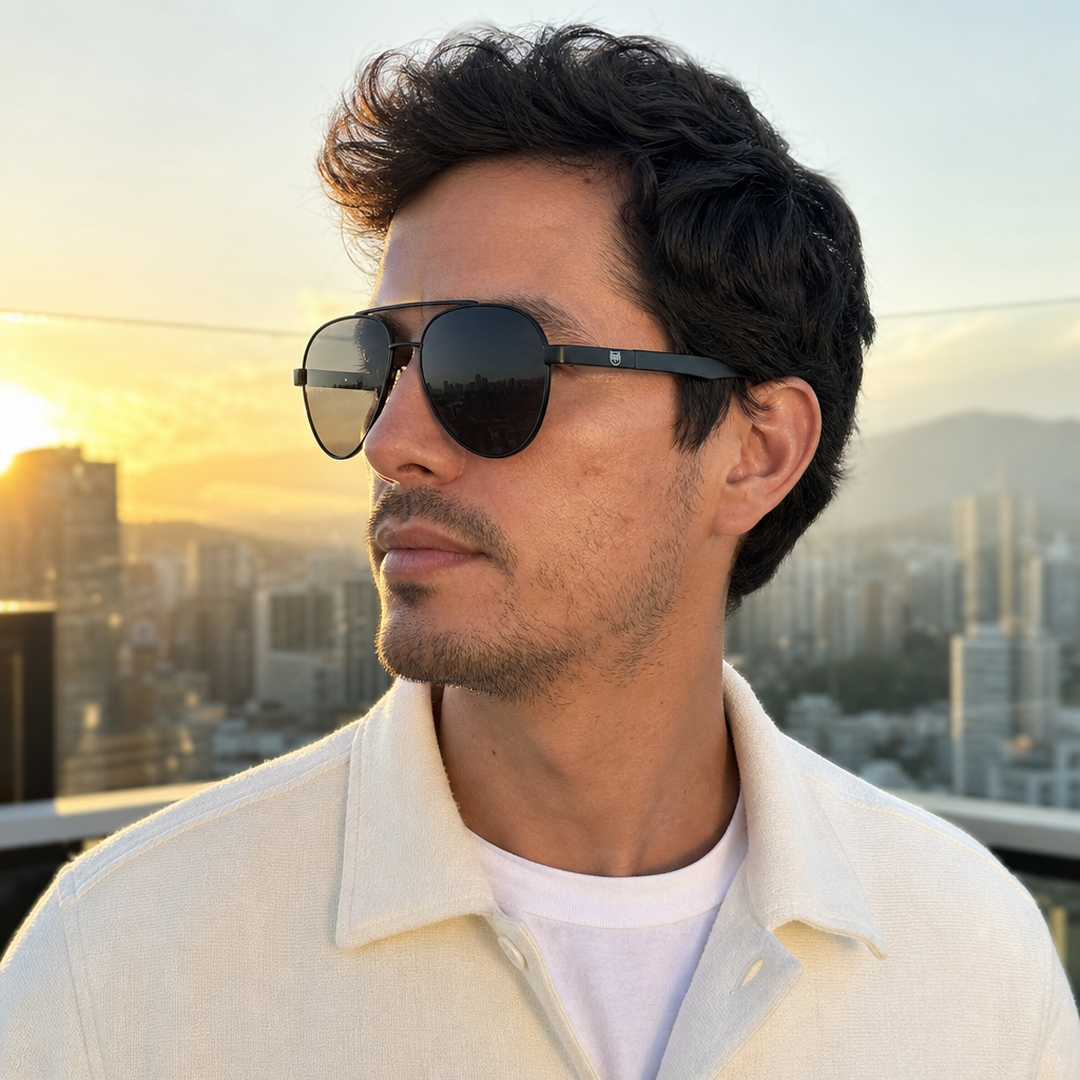 Hombre usando lentes de sol Estocolmo Negro con protección UV400 - Buhu Eyewear