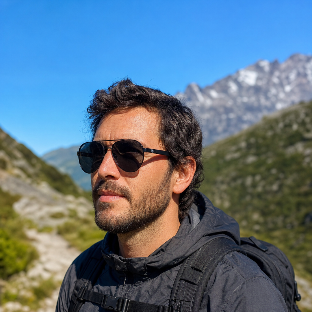 Hombre usando lentes de sol Estocolmo Negro con protección UV400 - Buhu Eyewear
