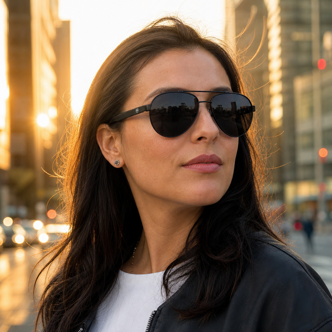 Mujer usando lentes de sol Estocolmo Negro con protección UV400 - Buhu Eyewear