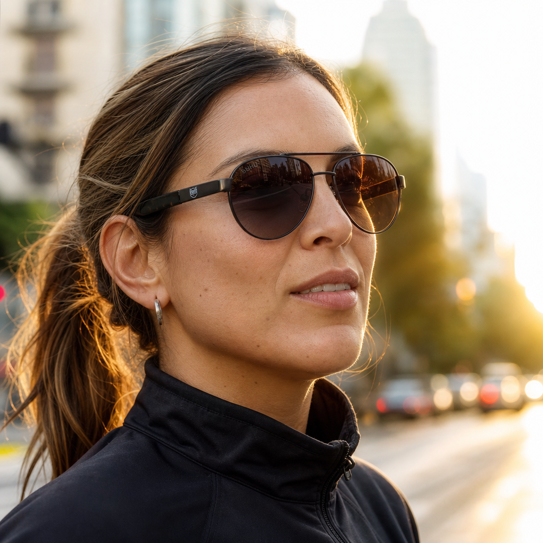Mujer usando lentes de sol Estocolmo Carey con protección UV400 - Buhu Eyewear