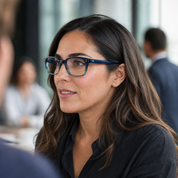 Mujer usando marco óptico Pacifico Azul con filtro azul - Buhu Eyewear
