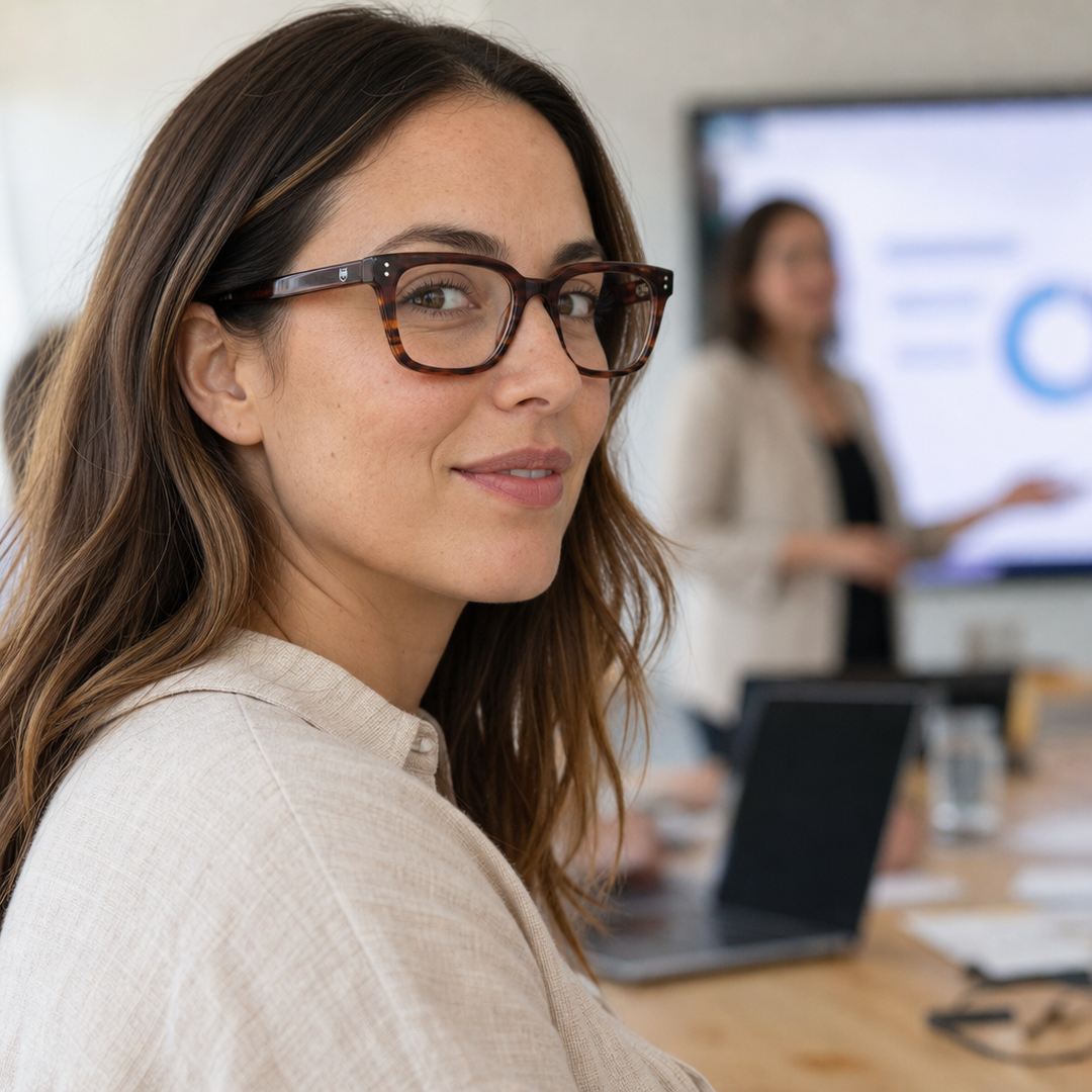 Mujer usando marco óptico Pacifico Marrón con filtro azul - Buhu Eyewear