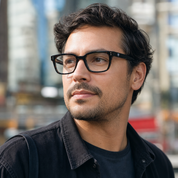 Hombre usando marco óptico Pacifico Carey con filtro azul - Buhu Eyewear