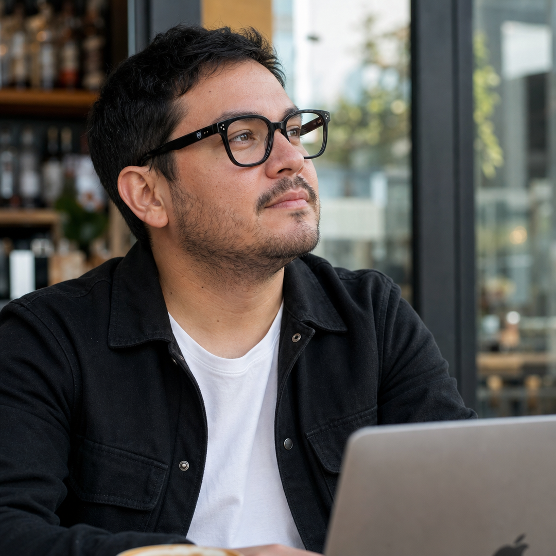 Hombre usando marco óptico Achao Negro con filtro azul - Buhu Eyewear