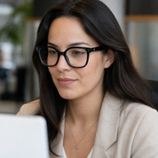 Mujer usando marco óptico Achao Negro con filtro azul - Buhu Eyewear