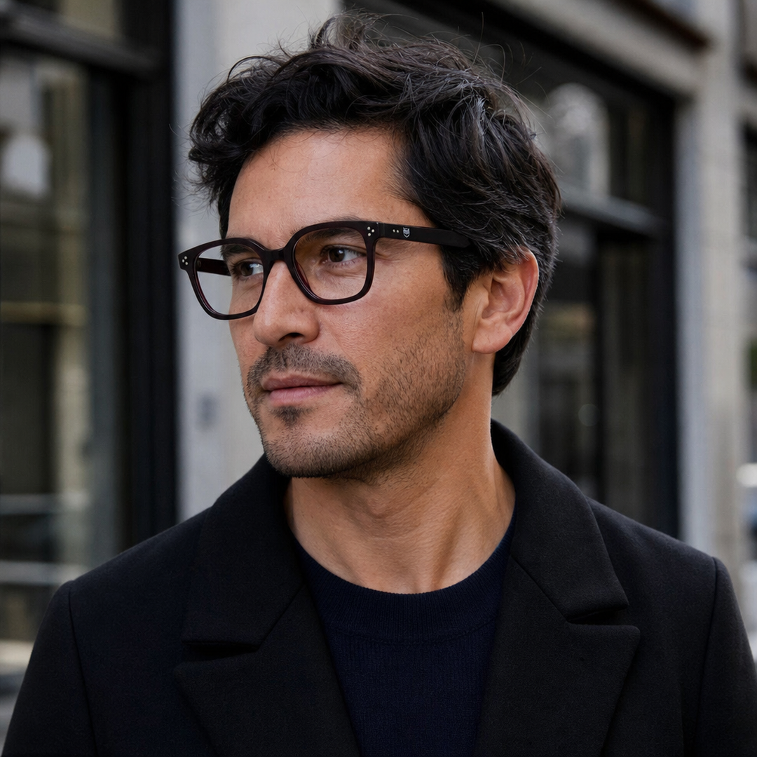 Hombre usando marco óptico Achao Rojo con filtro azul - Buhu Eyewear