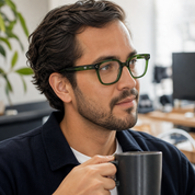 Hombre usando marco óptico Achao Verde con filtro azul - Buhu Eyewear