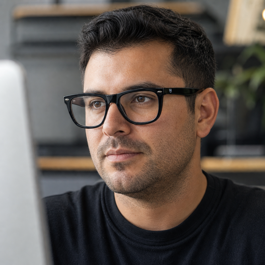 Hombre usando marco óptico Atlantico Negro con filtro azul - Buhu Eyewear