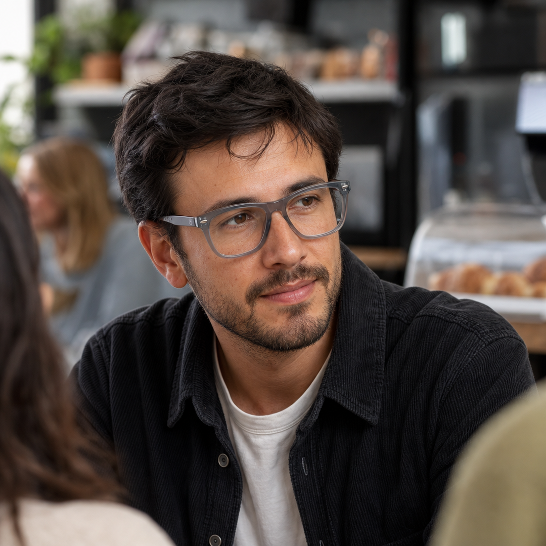 Hombre usando marco óptico Atlantico Gris con filtro azul - Buhu Eyewear