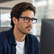 Hombre usando marco óptico Atlantico Azul con filtro azul - Buhu Eyewear